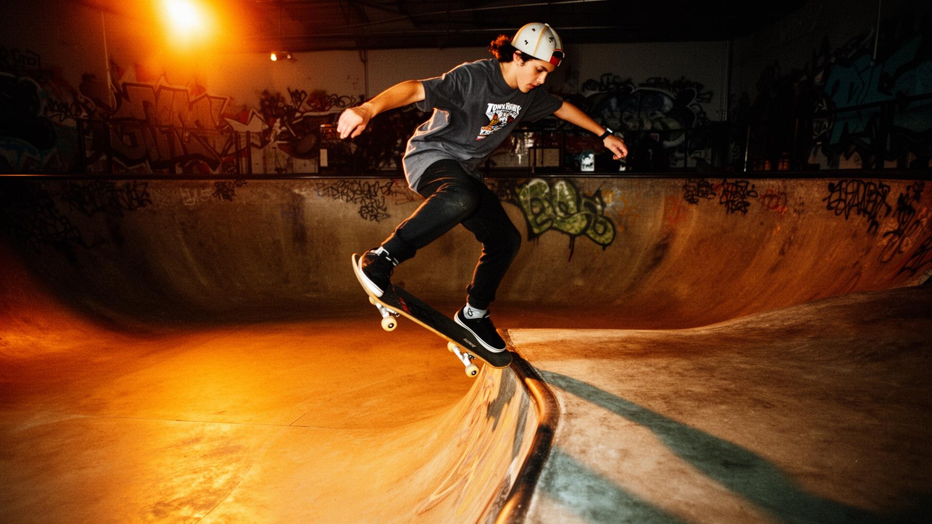 Skater grindet auf einer Mini-Ramp im Skatepark